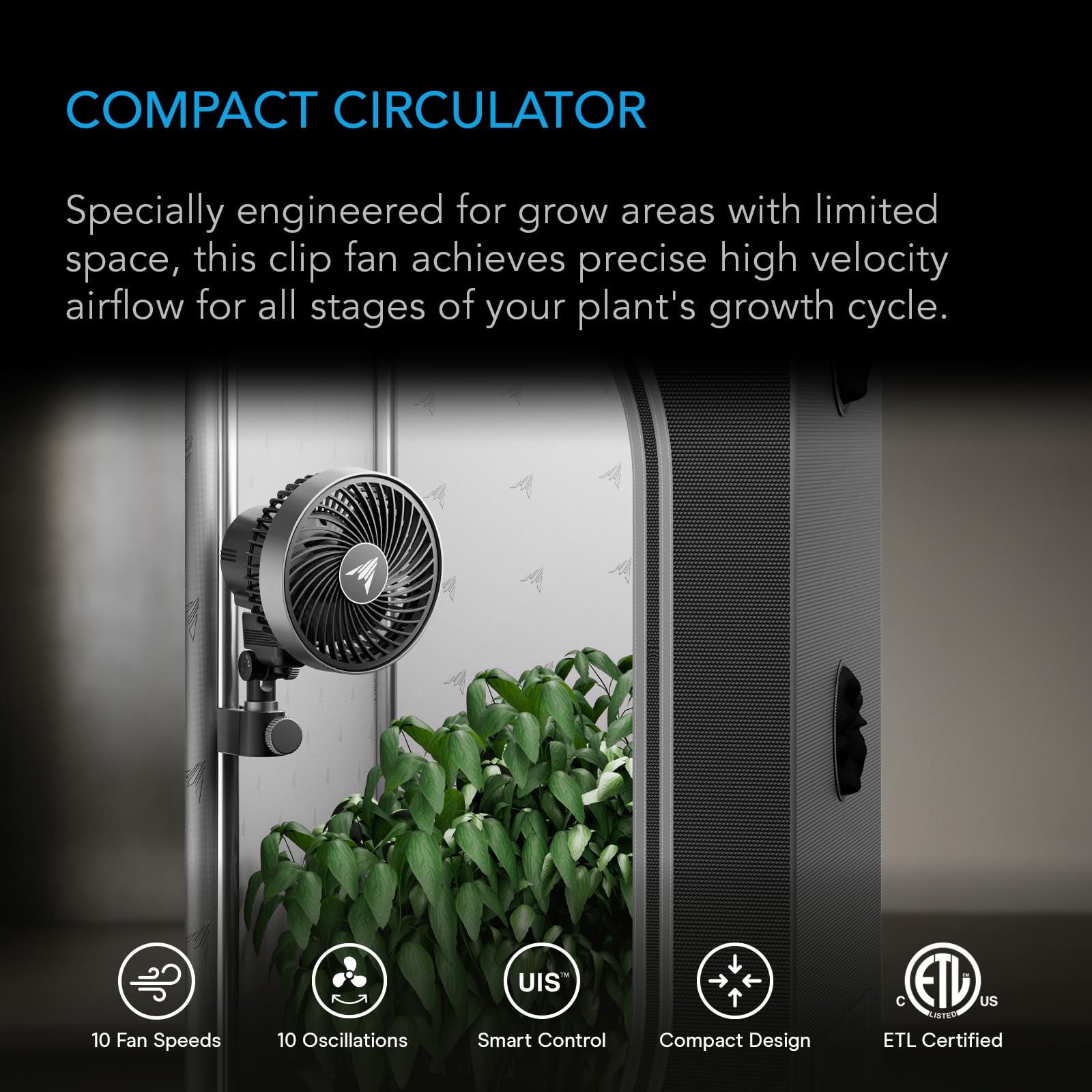 AC Infinity CLOUDRAY S4 clip fan showing auto oscillation feature