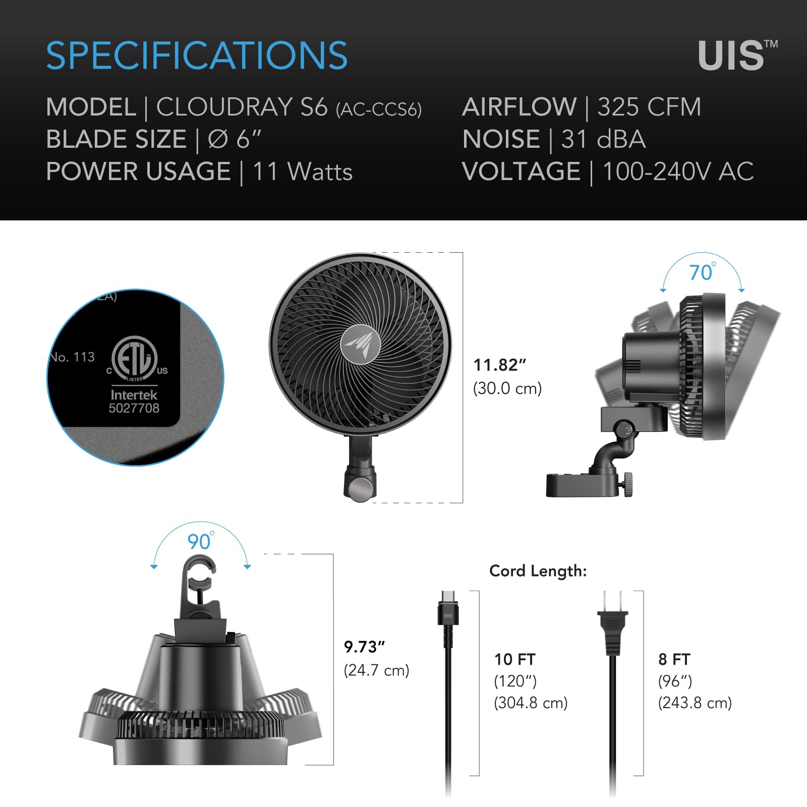 AC Infinity CLOUDRAY S6 Clip Fan packaging showing product details