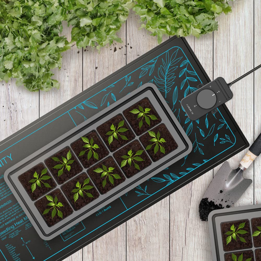 AC Infinity heating mat with seedling trays on a table