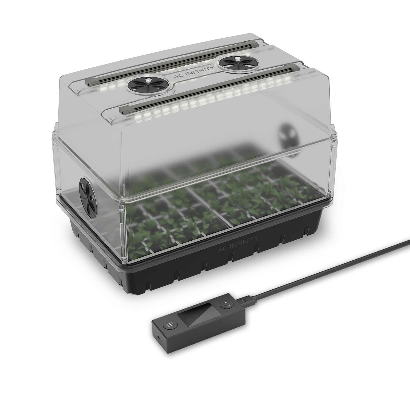 AC Infinity Heavy-Duty Humidity Dome front view with LED grow lights