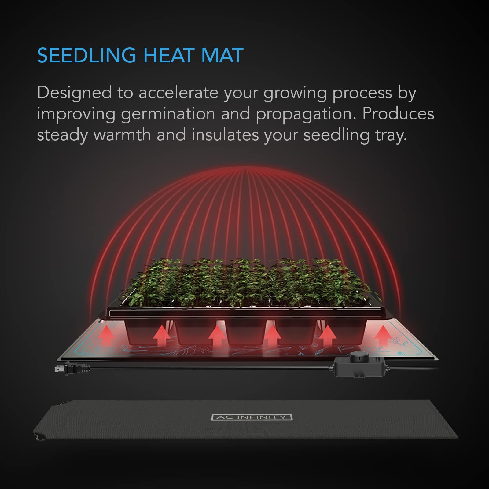 AC Infinity SUNCORE A3X2 Seedling Mat close-up showing adjustable heat dial