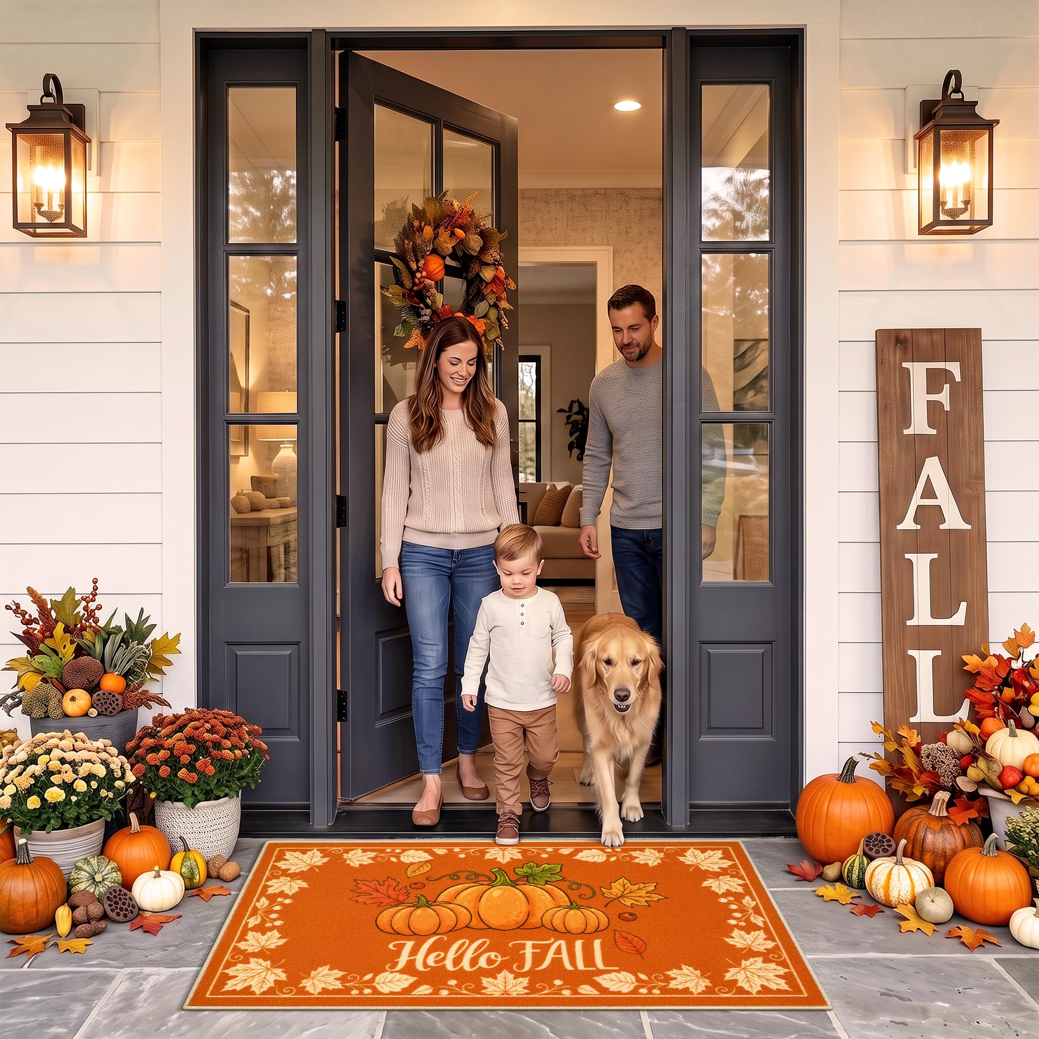 Acapet doormat with pumpkin design on porch