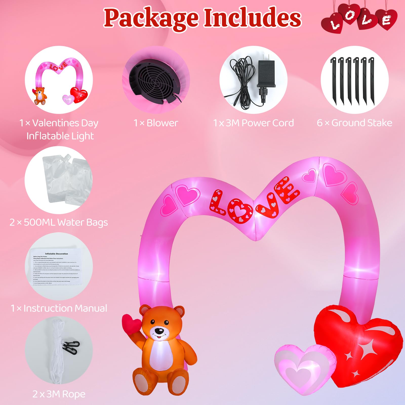 Accessories included with Lewondr inflatable arch: stakes and ropes