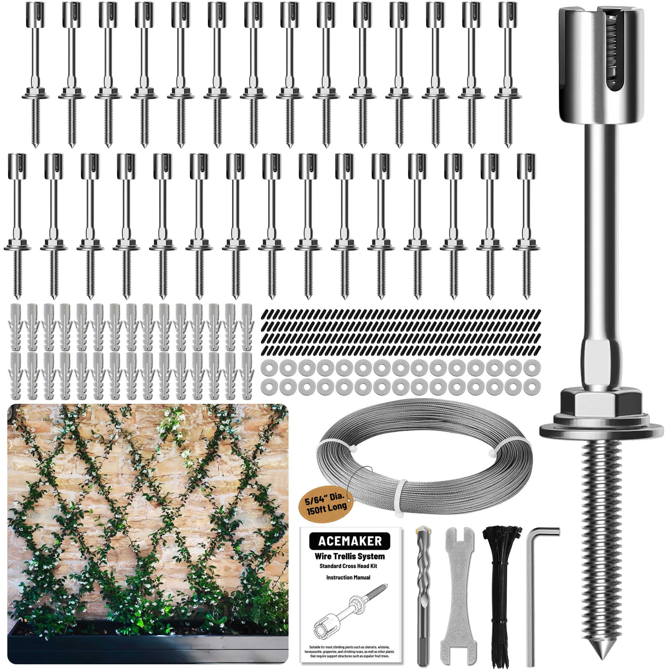Acemaker Wire Trellis Kit package with 30 crosshead hubs and 150ft cable