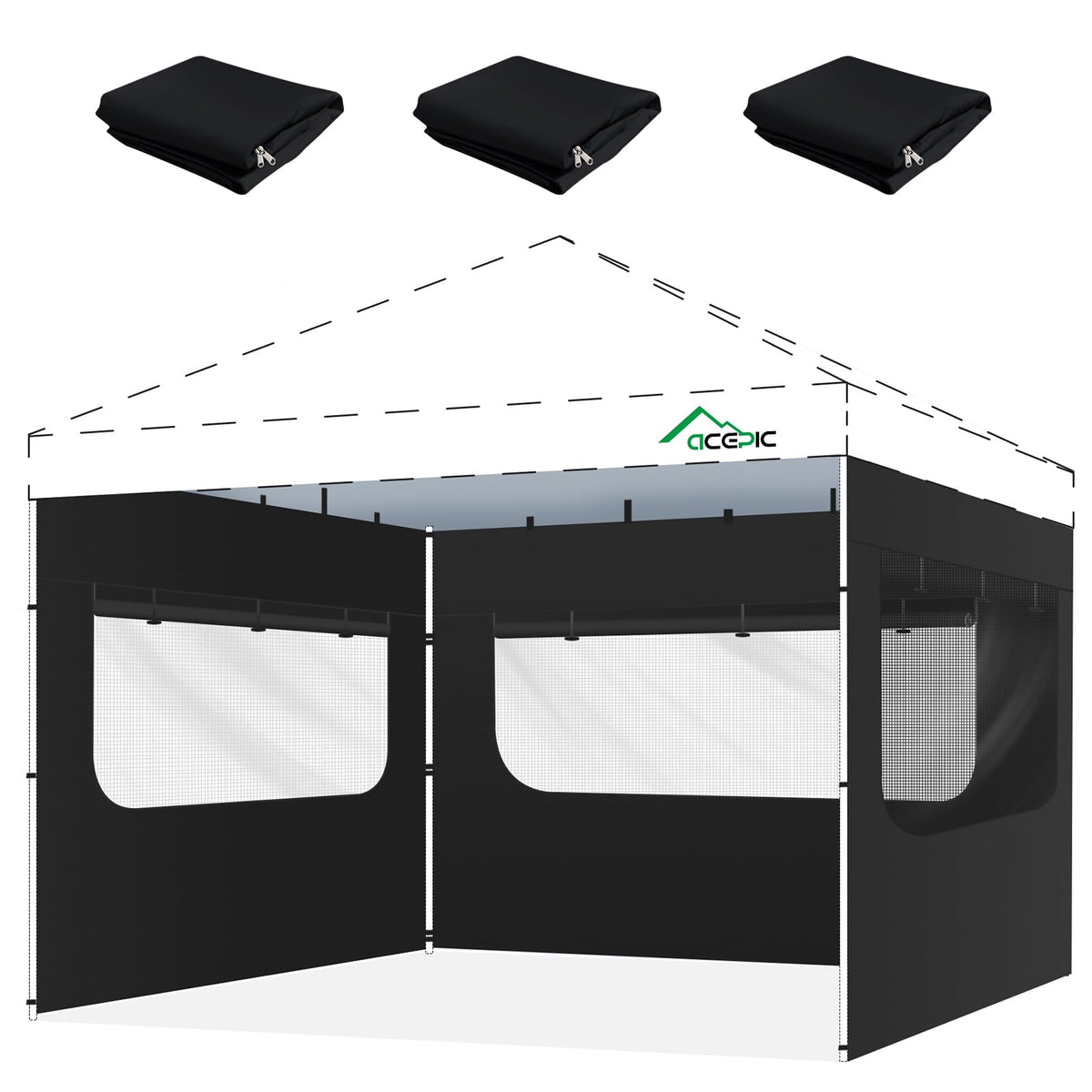 Acepic 10x10ft black mesh sidewall with window front view
