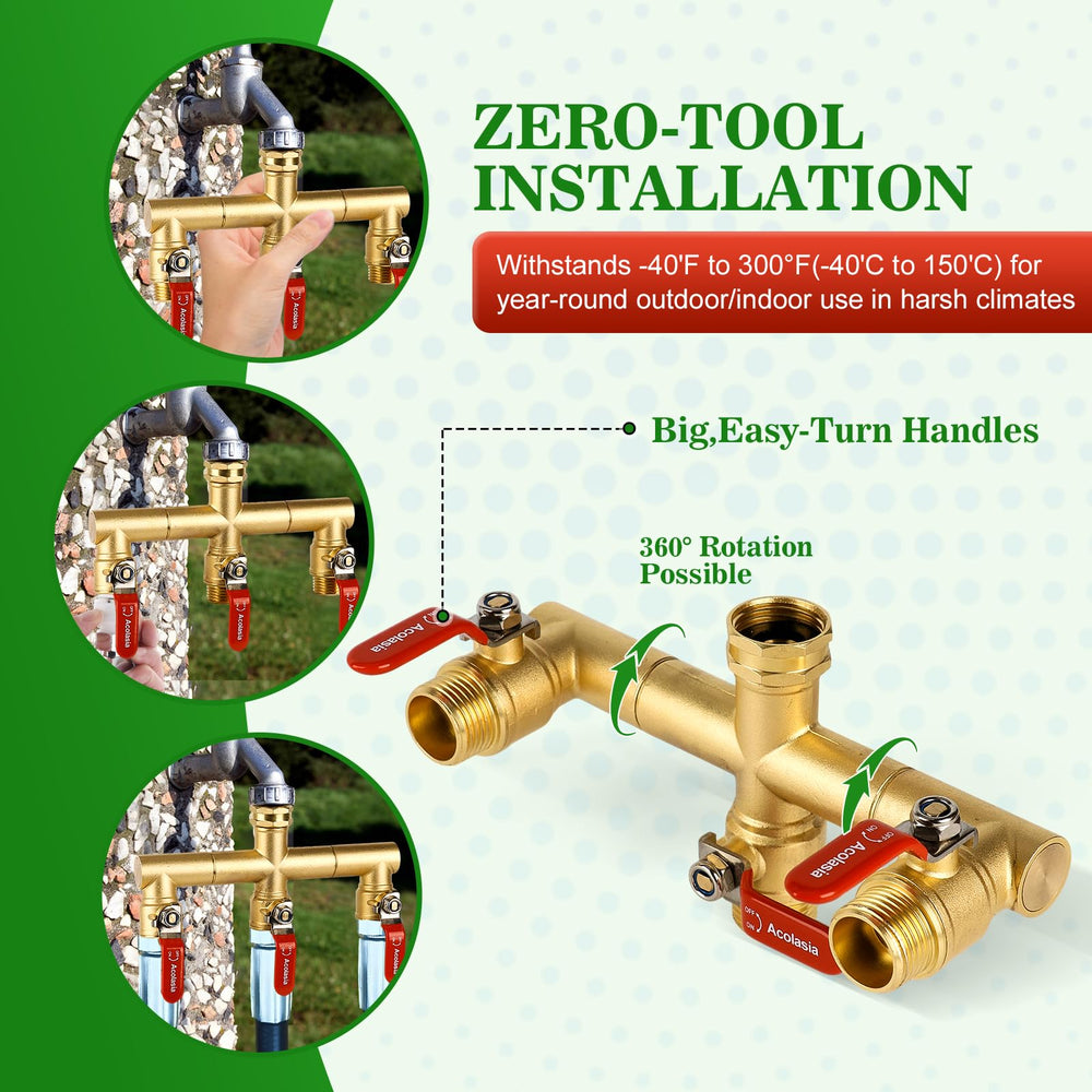 Acolasia hose splitter with ergonomic handle and rotatable valve