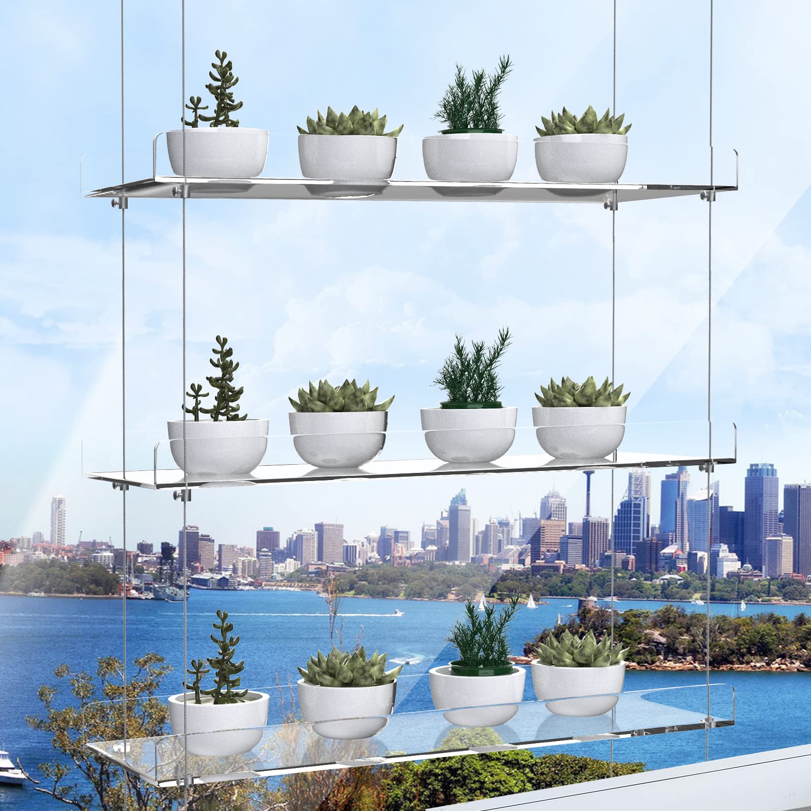Acrylic plant shelves styled with candles and crystals