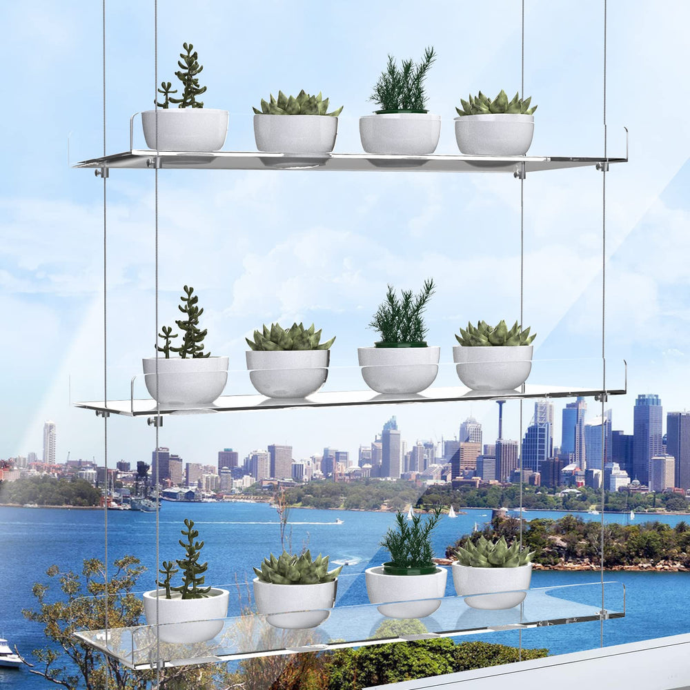 Acrylic plant shelves styled with candles and crystals