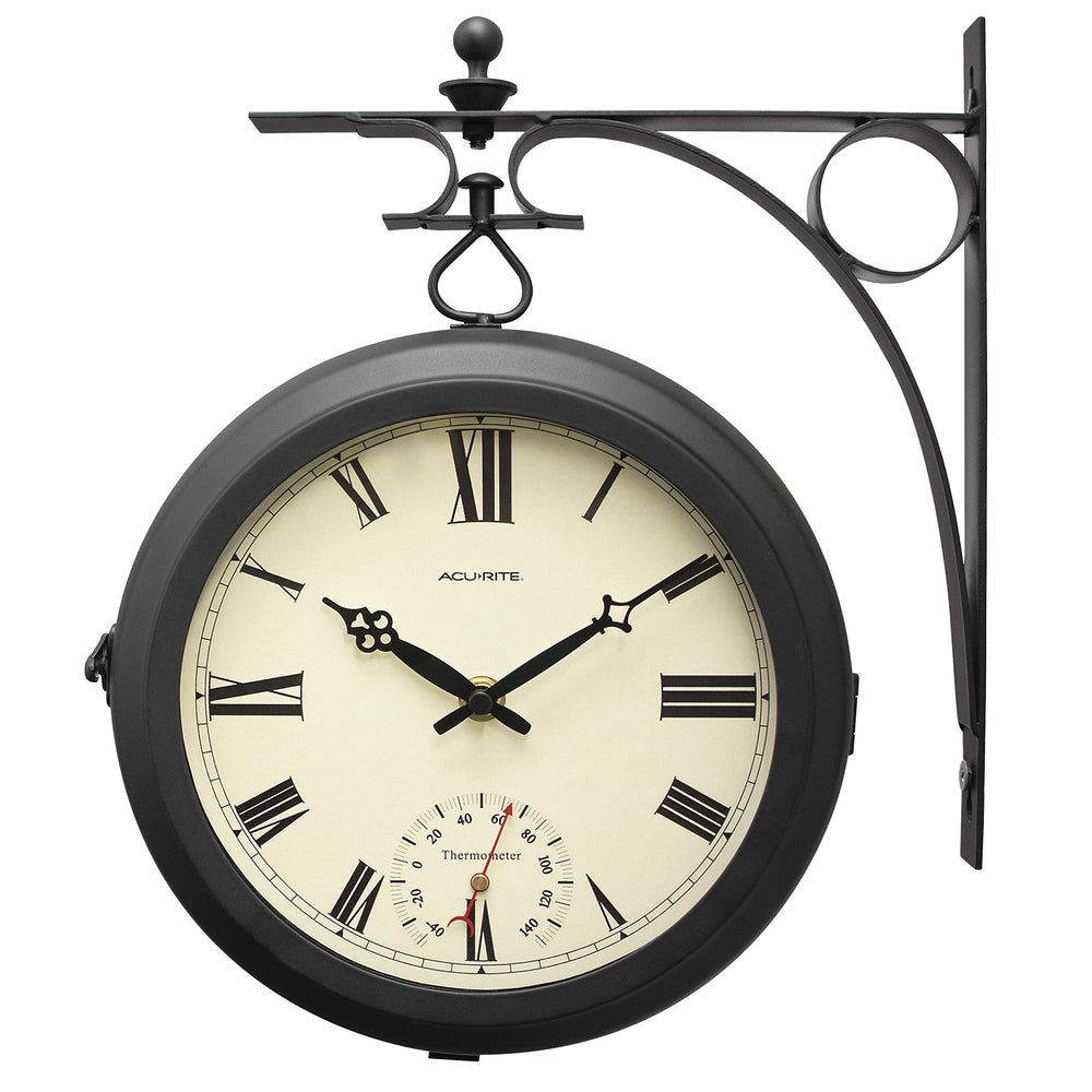 AcuRite 9-inch double-sided clock front view with vintage-style faces