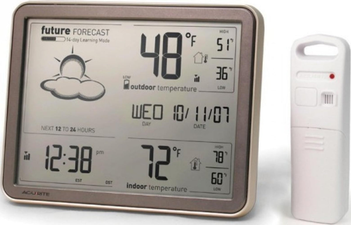 AcuRite Large Wireless Weather Forecaster front view with grayscale display