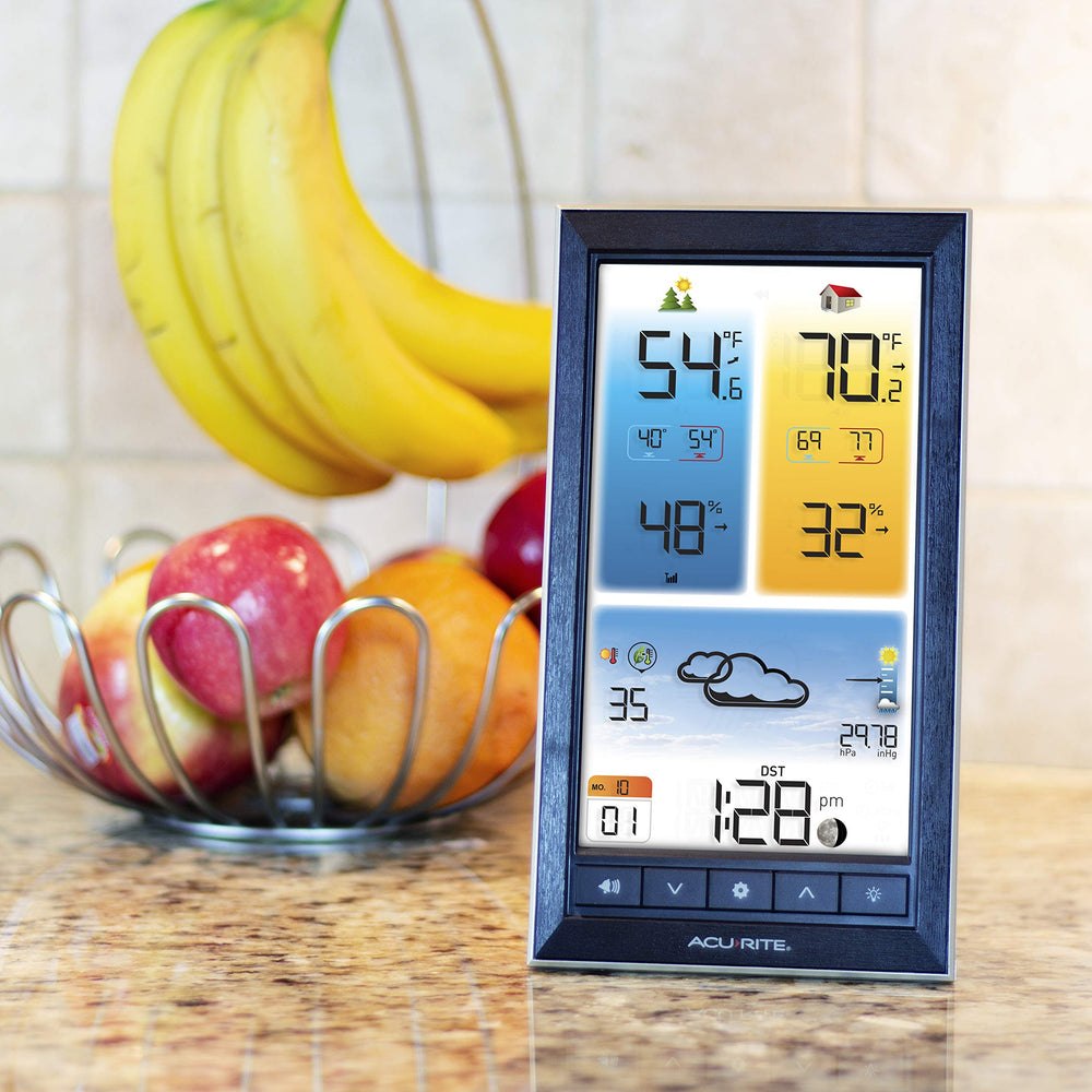 AcuRite weather station set on a table in a home setting
