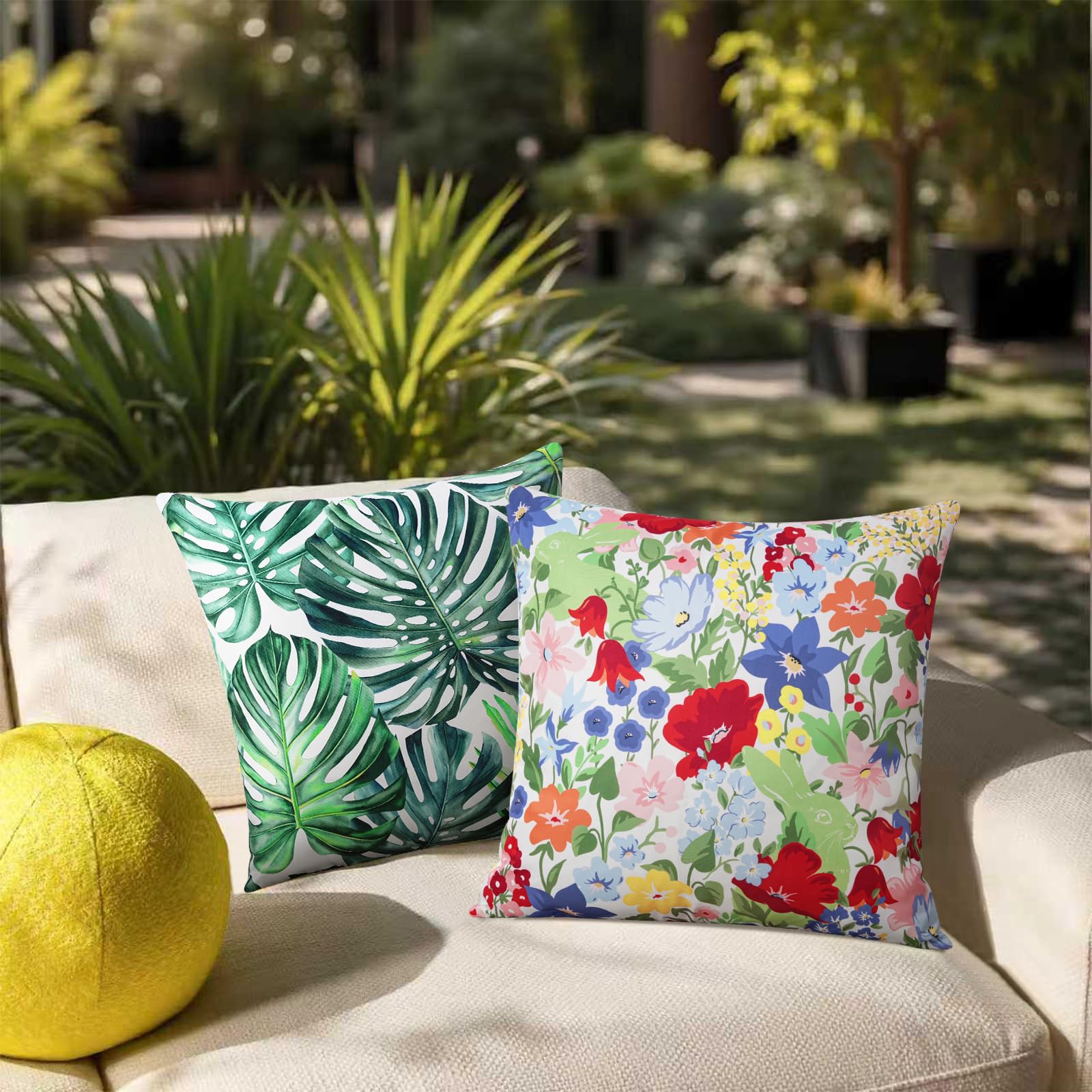Adabana floral pillow cover in a garden setting