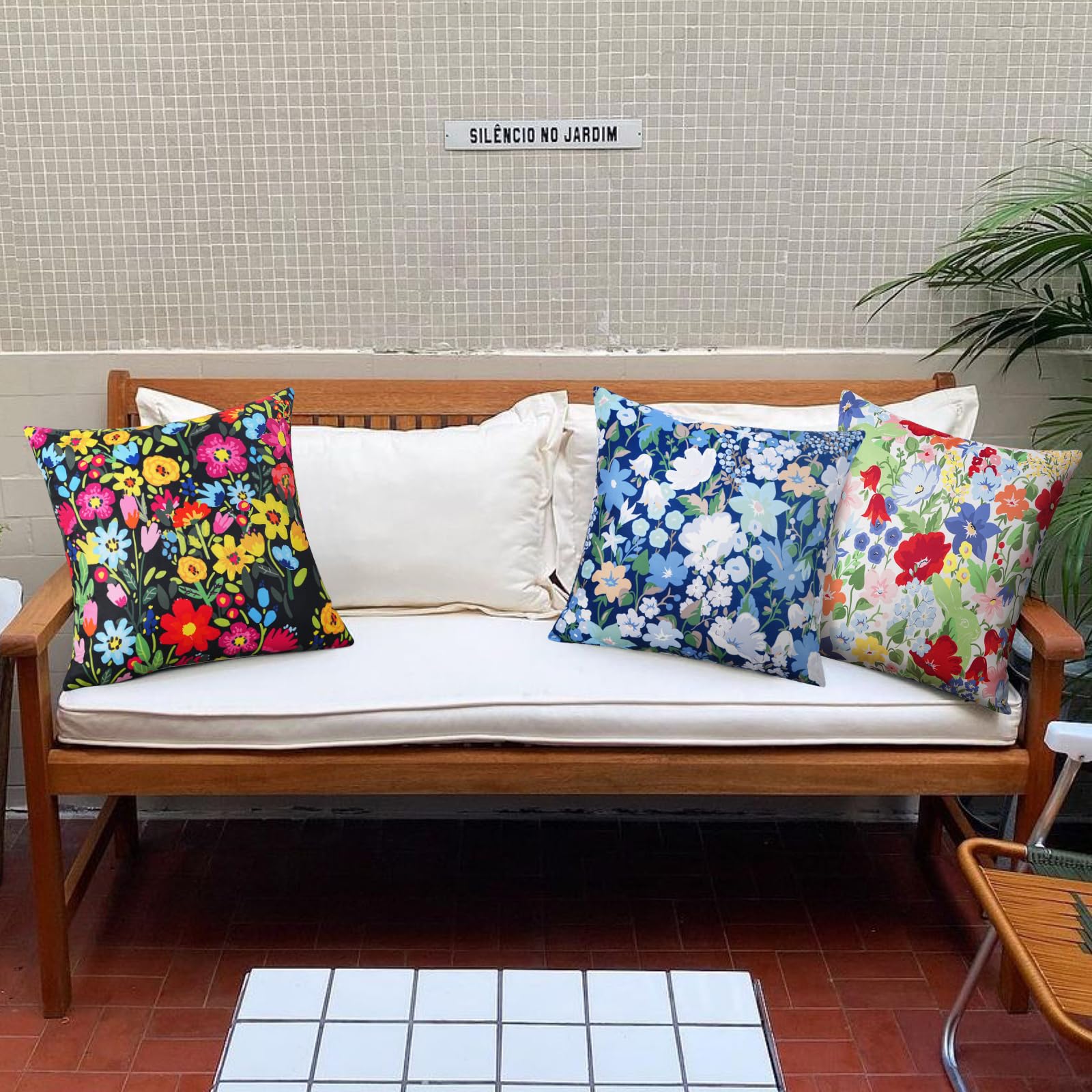 Adabana floral pillow cover on patio furniture