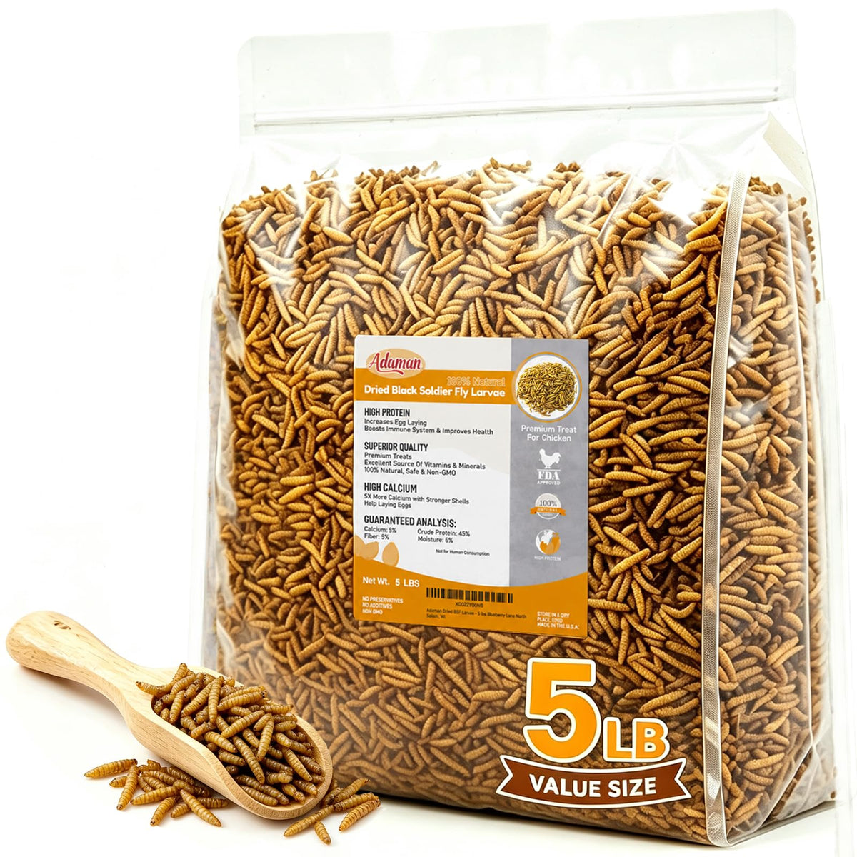 Adaman Dried Black Soldier Fly Larvae 5LB package front view