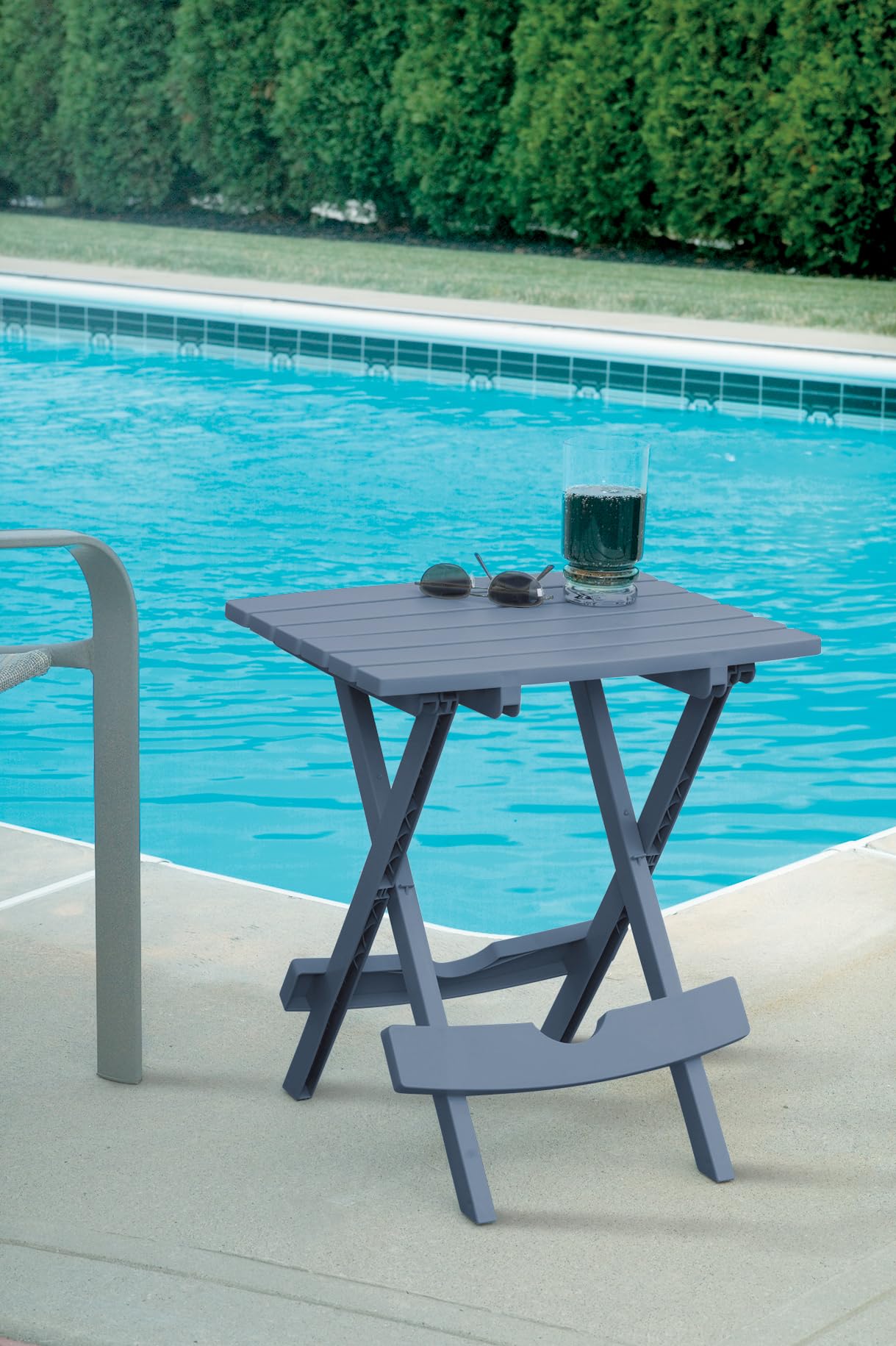 Adams Quik-Fold® Side Table in Bluestone, side view with patio chairs