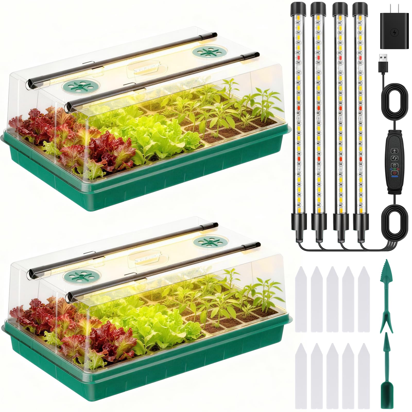 Adawook Seed Starter Kit with Green 120-cell trays and LED grow lights