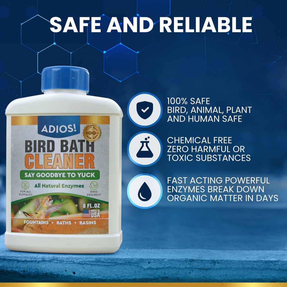 ADIOS! Bird Bath Cleaner 32oz bottle on a bird bath