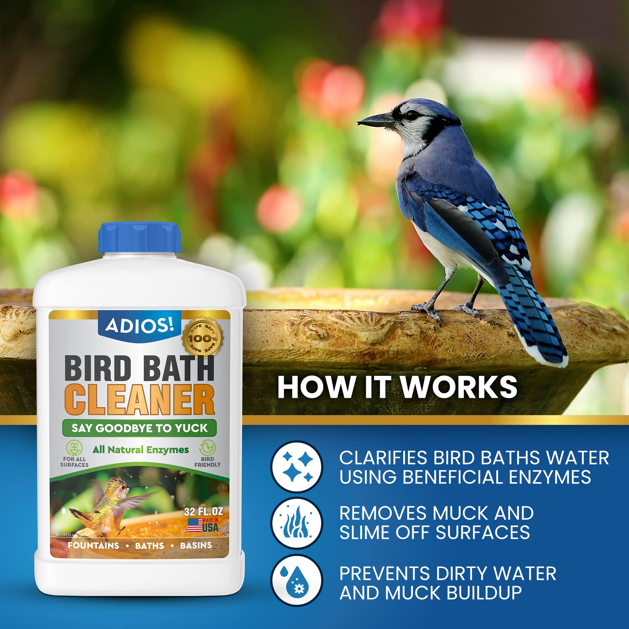 ADIOS! Bird Bath Cleaner 32oz bottle side view