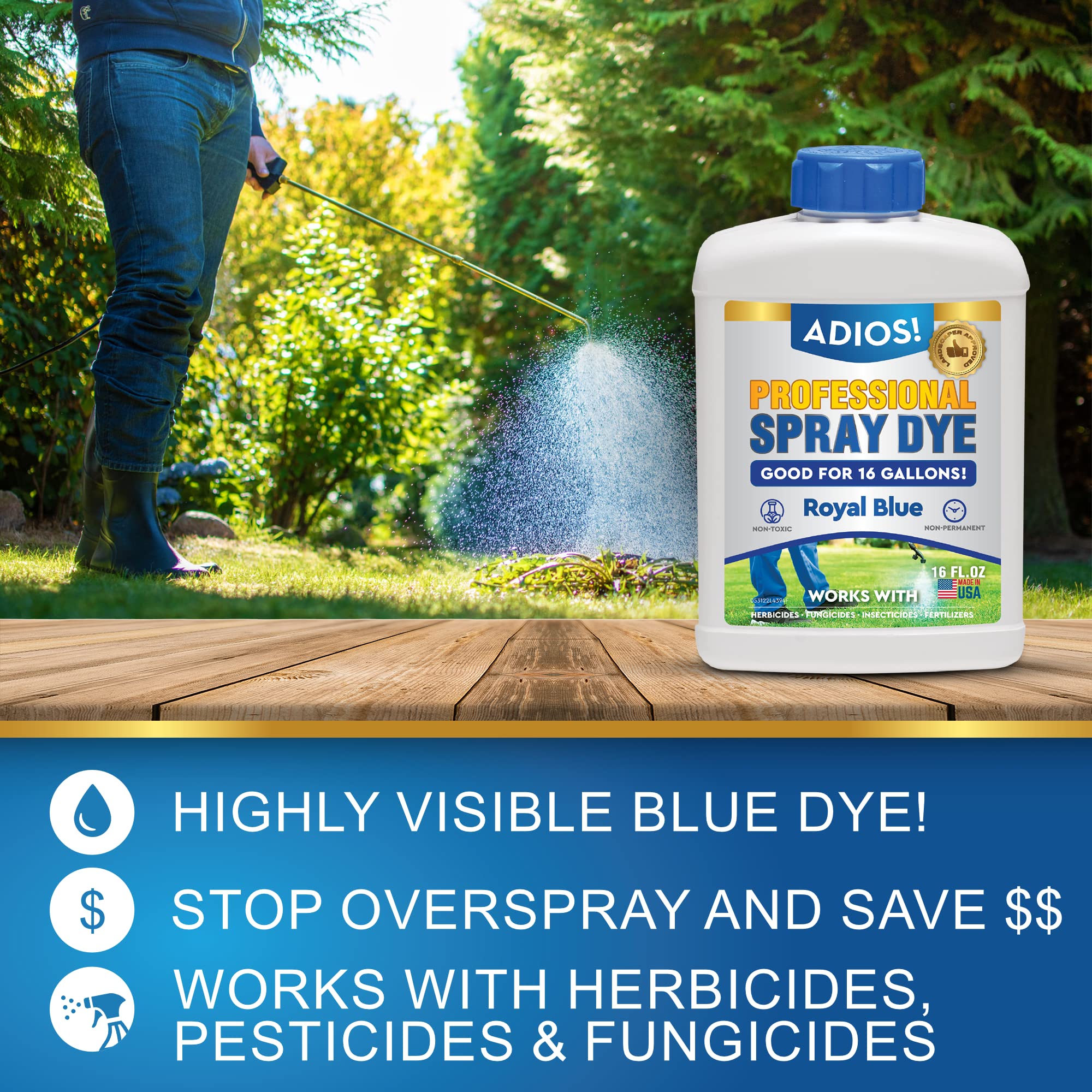 ADIOS! Blue Herbicide Dye 64oz back view showing ingredients