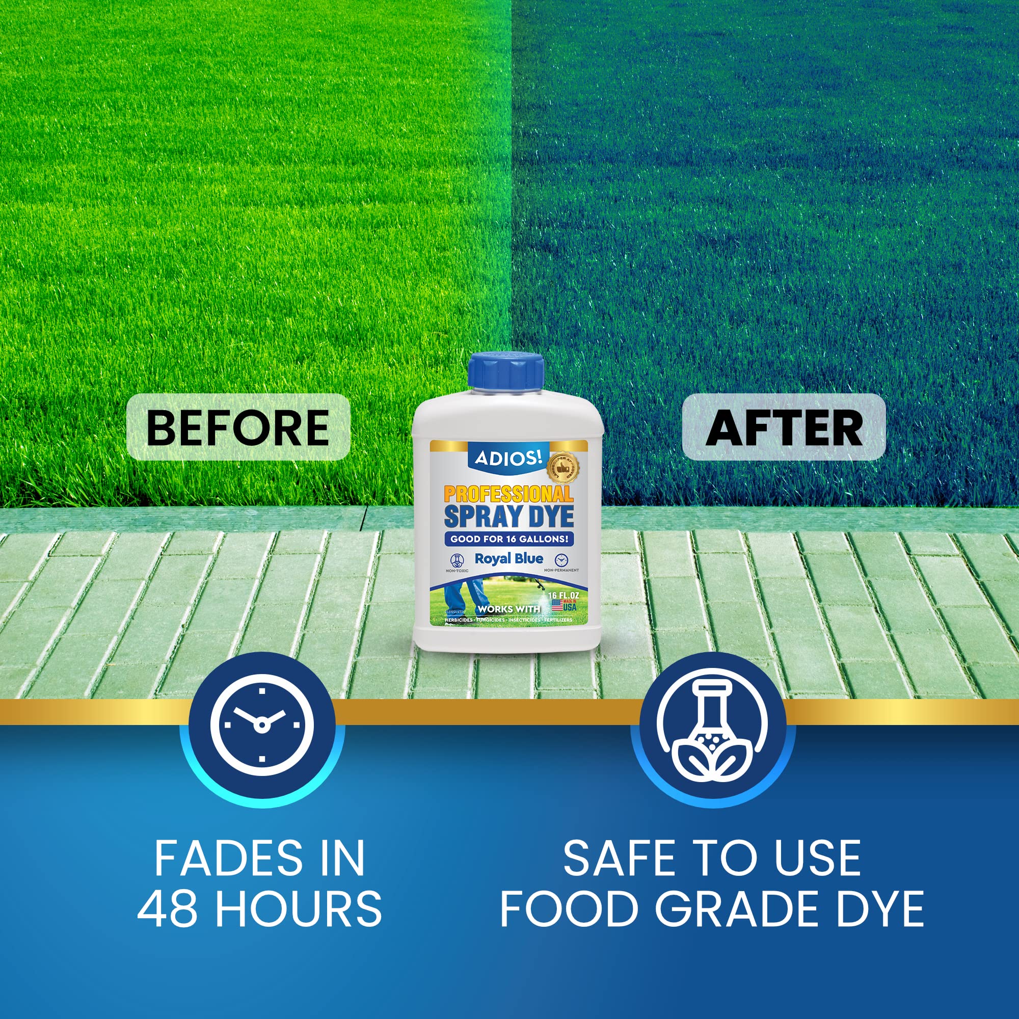 ADIOS! Blue Herbicide Dye 64oz on a garden table