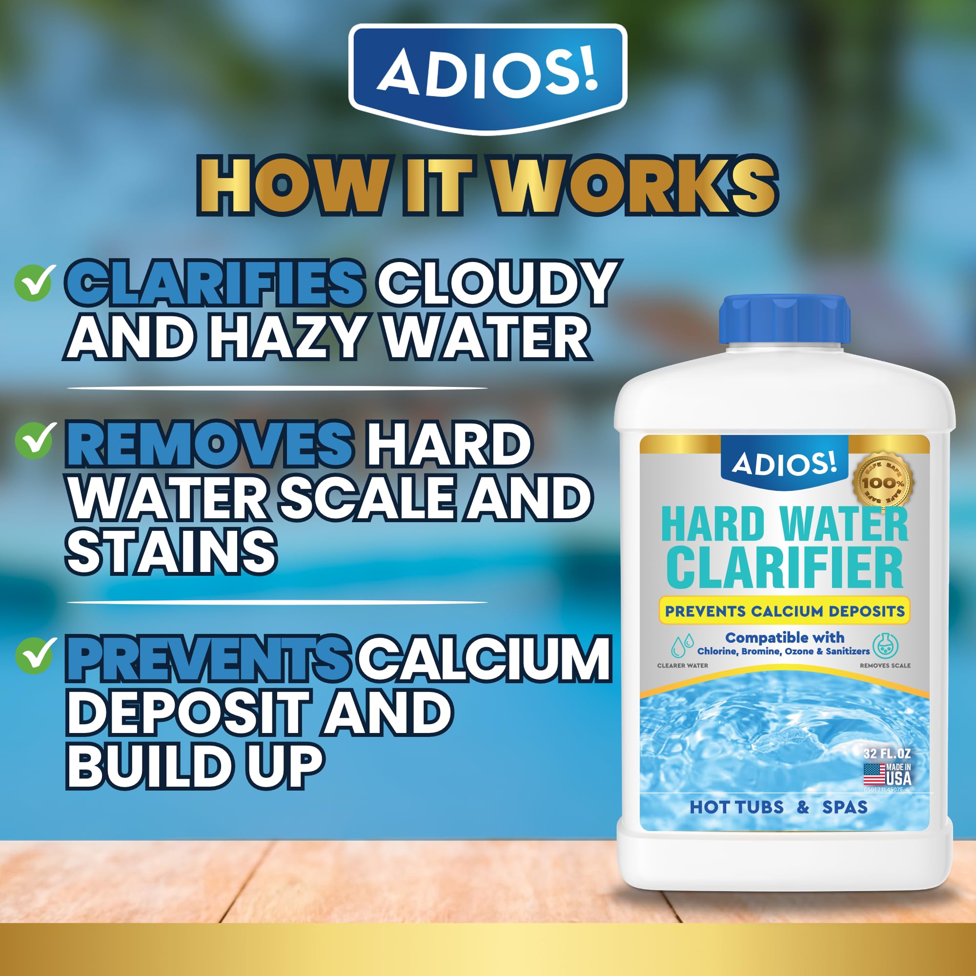 ADIOS! Hard Water Clarifier 32oz bottle side view