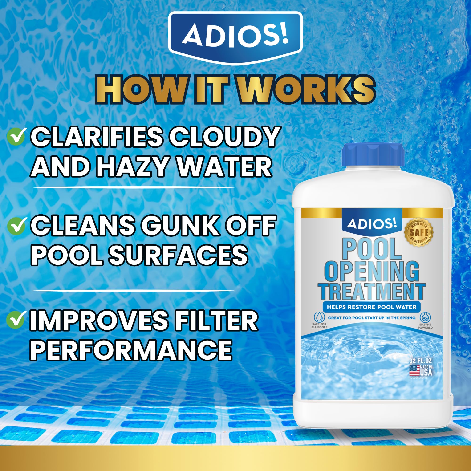 ADIOS! Pool Opener 32oz bottle with label details