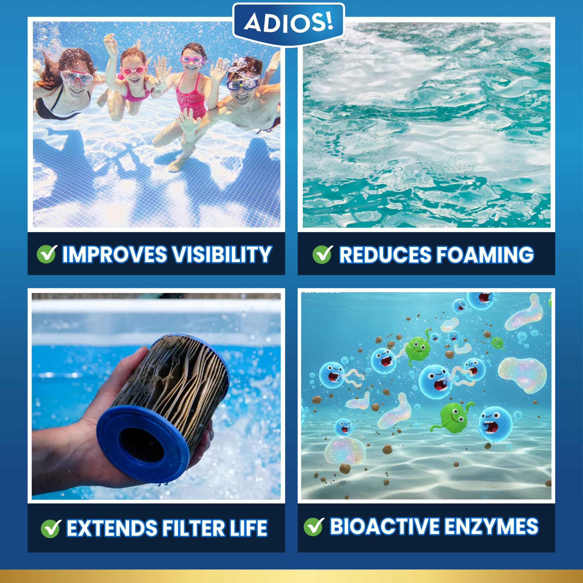ADIOS! Pool Opener Enzyme and Clarifier packaging