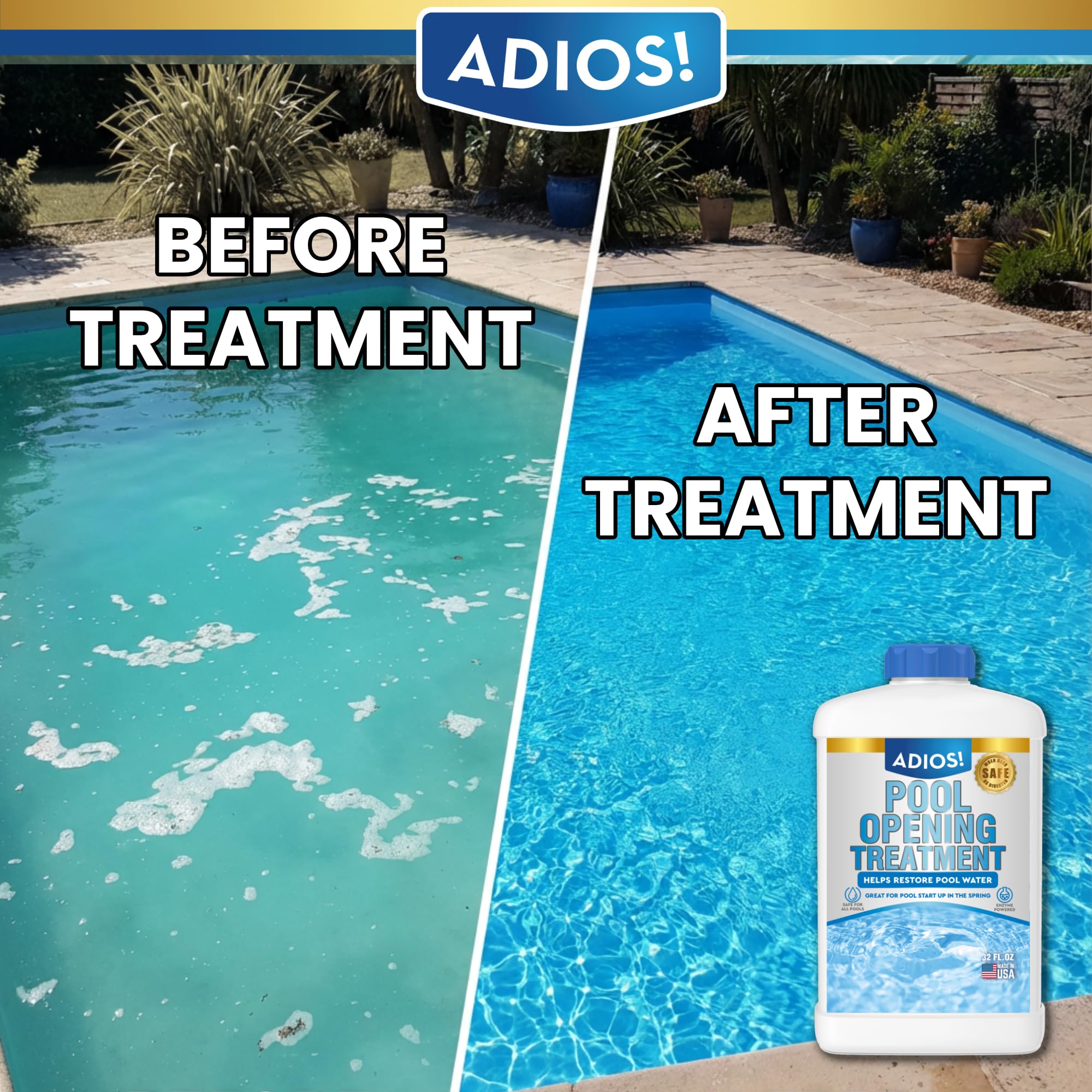 ADIOS! Pool Opener Enzyme and Clarifier with pool equipment