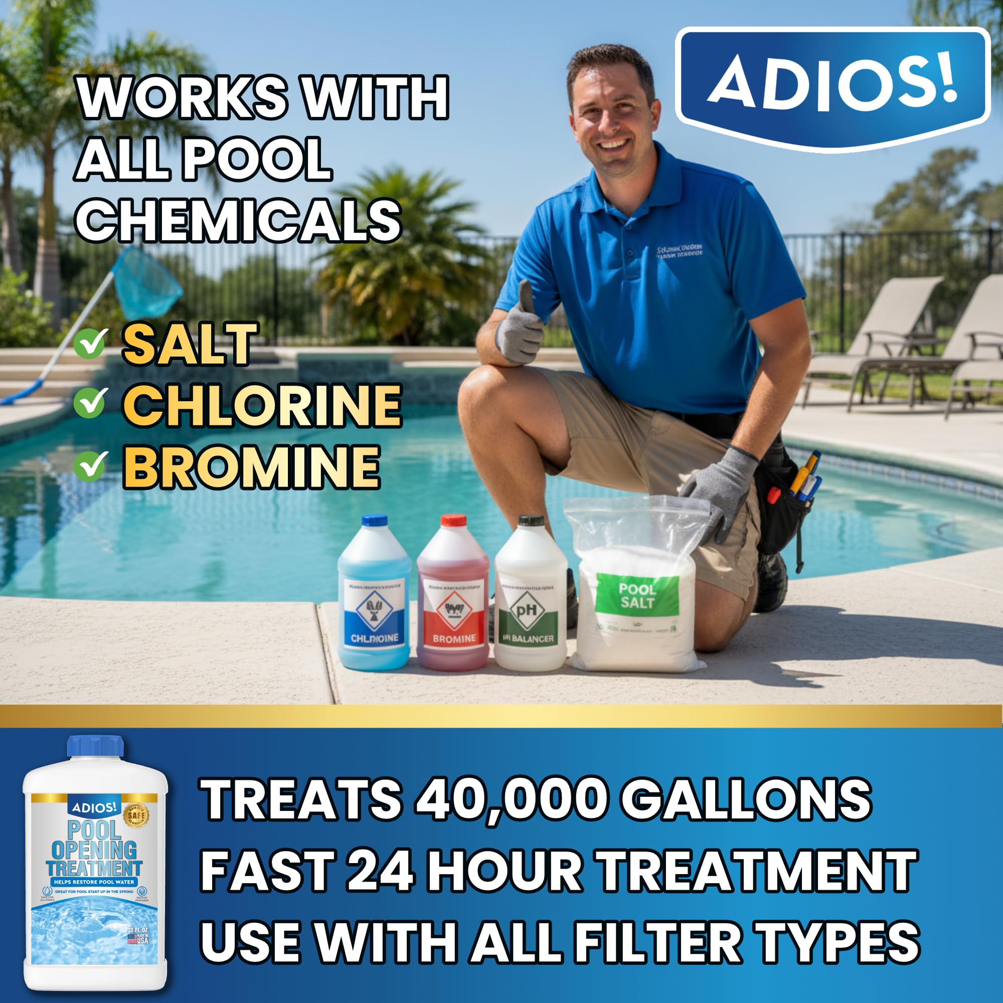 ADIOS! Pool Opener Enzyme showing liquid clarity