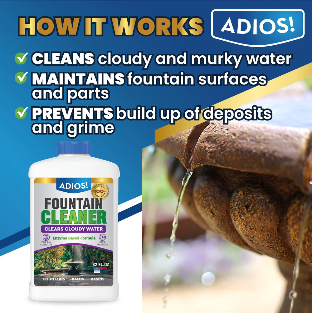 ADIOS! Water Fountain Cleaner 32oz label close-up