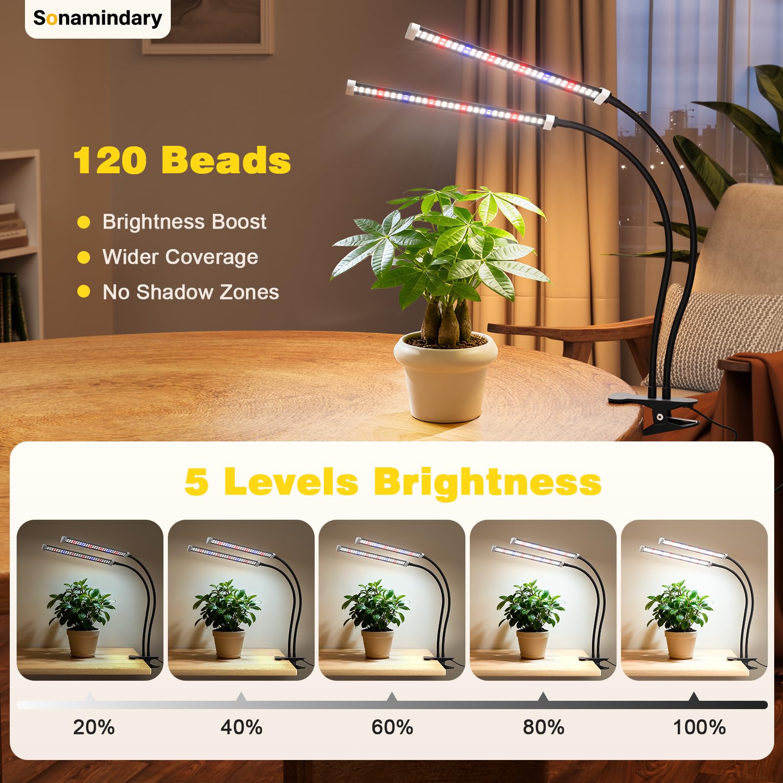 Adjustable clamp of Sonamindary grow light on a shelf