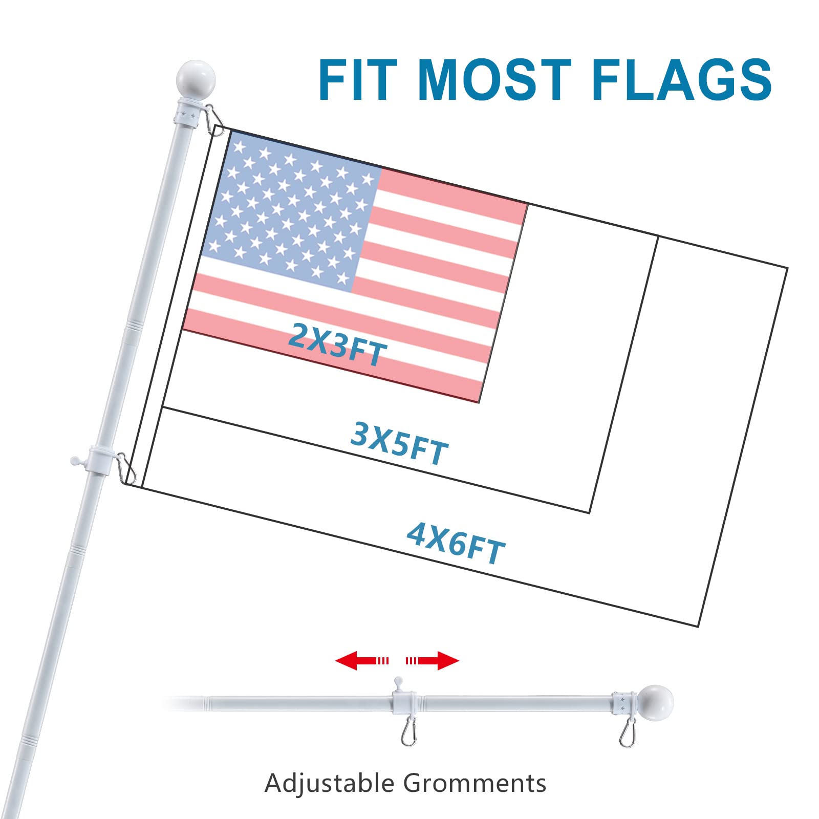 Adjustable flagpole length demonstration with different flag sizes