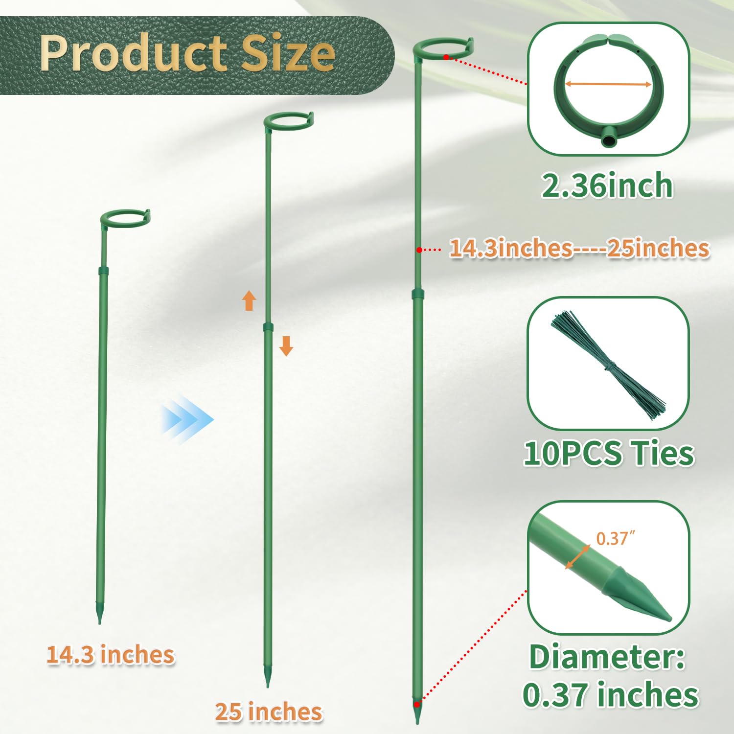 Adjustable plant stakes set with clips and ties