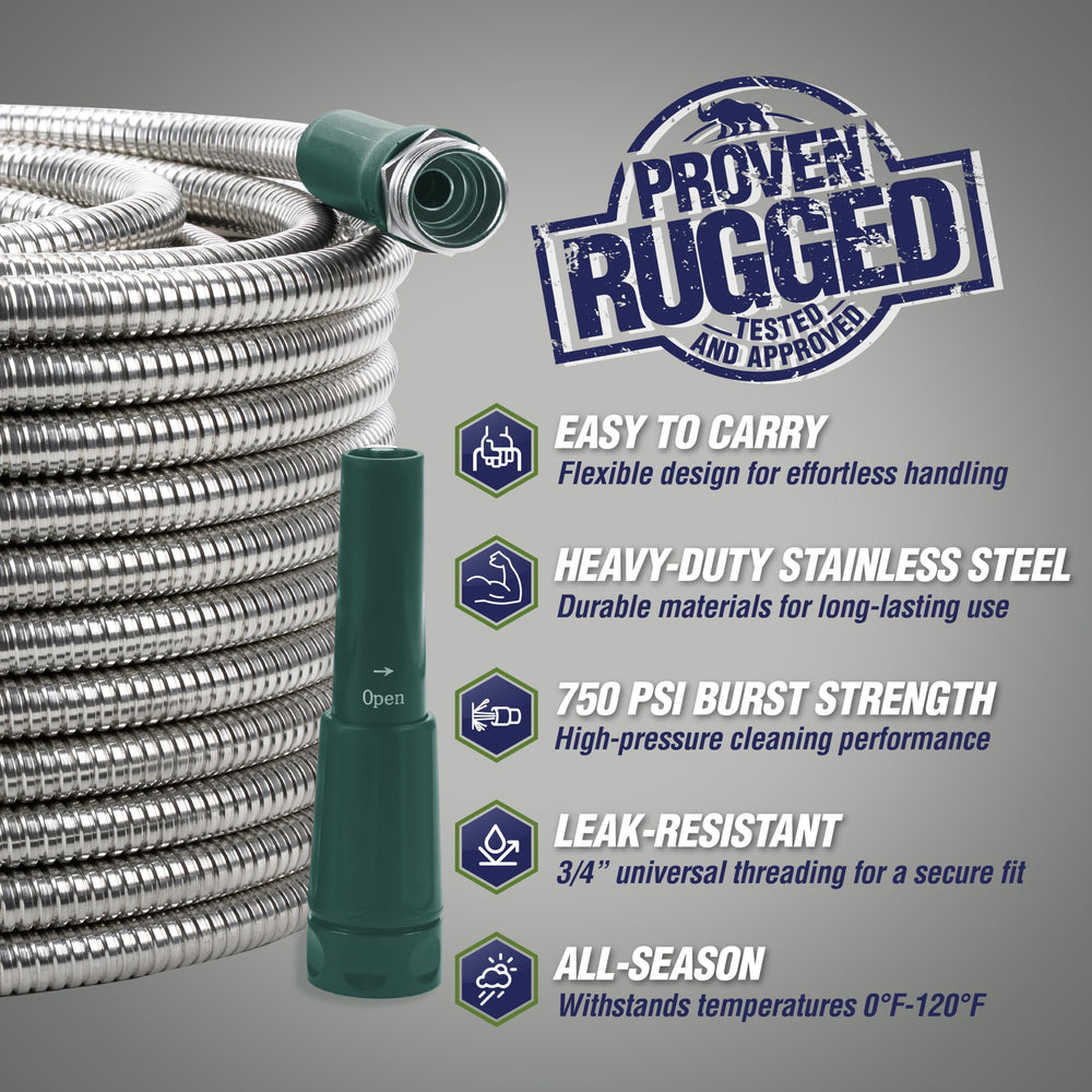 Adjustable spray nozzle included with RUGGED RHINO Metal Hose