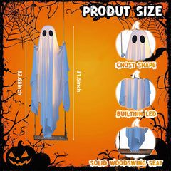 Adjustable swing ghost decoration displayed in a yard