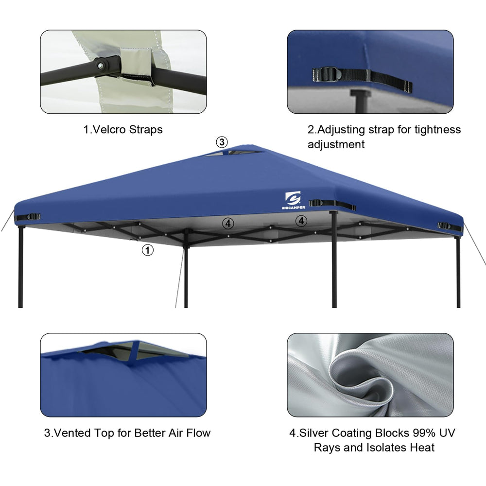 Adjustment straps on the corners of the canopy top