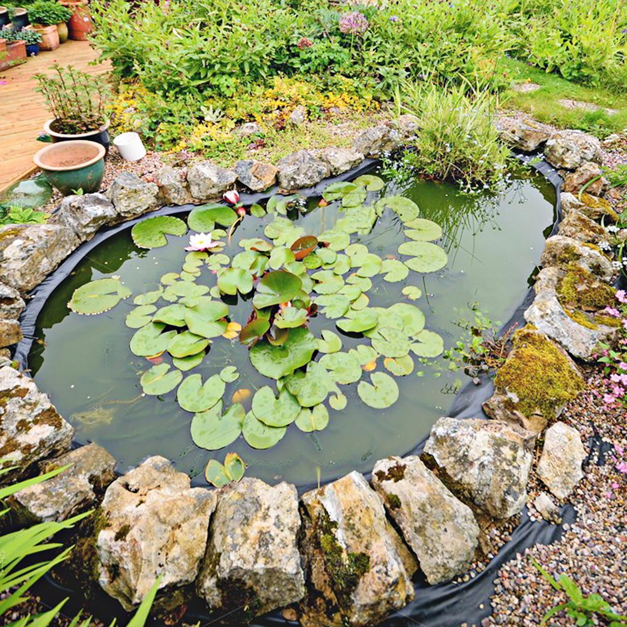 Adroiteet Pond Liner in a landscaped backyard