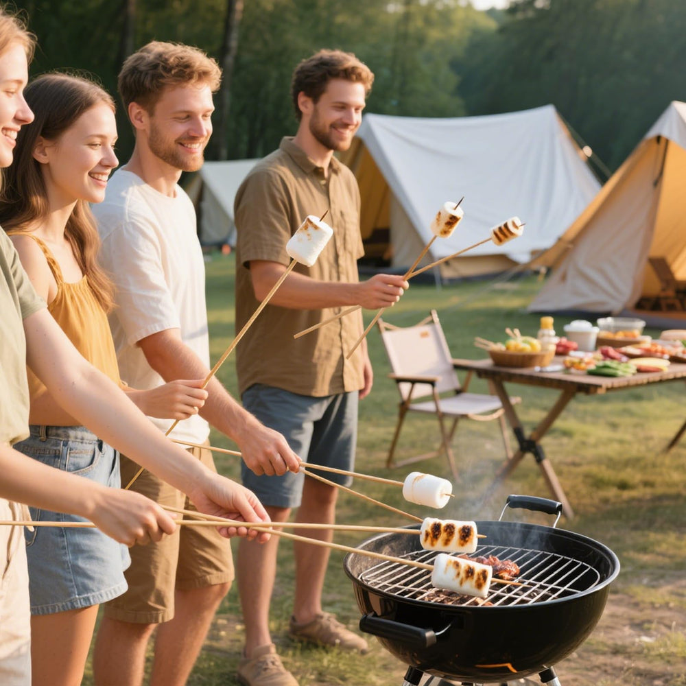 Aerisque skewers next to a fire pit with marshmallows