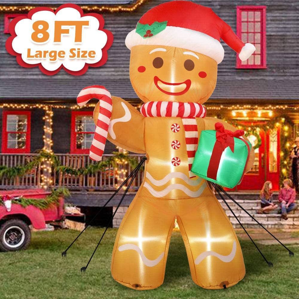 AerWo 8ft Christmas Inflatable Gingerbread Man front view with LED lights