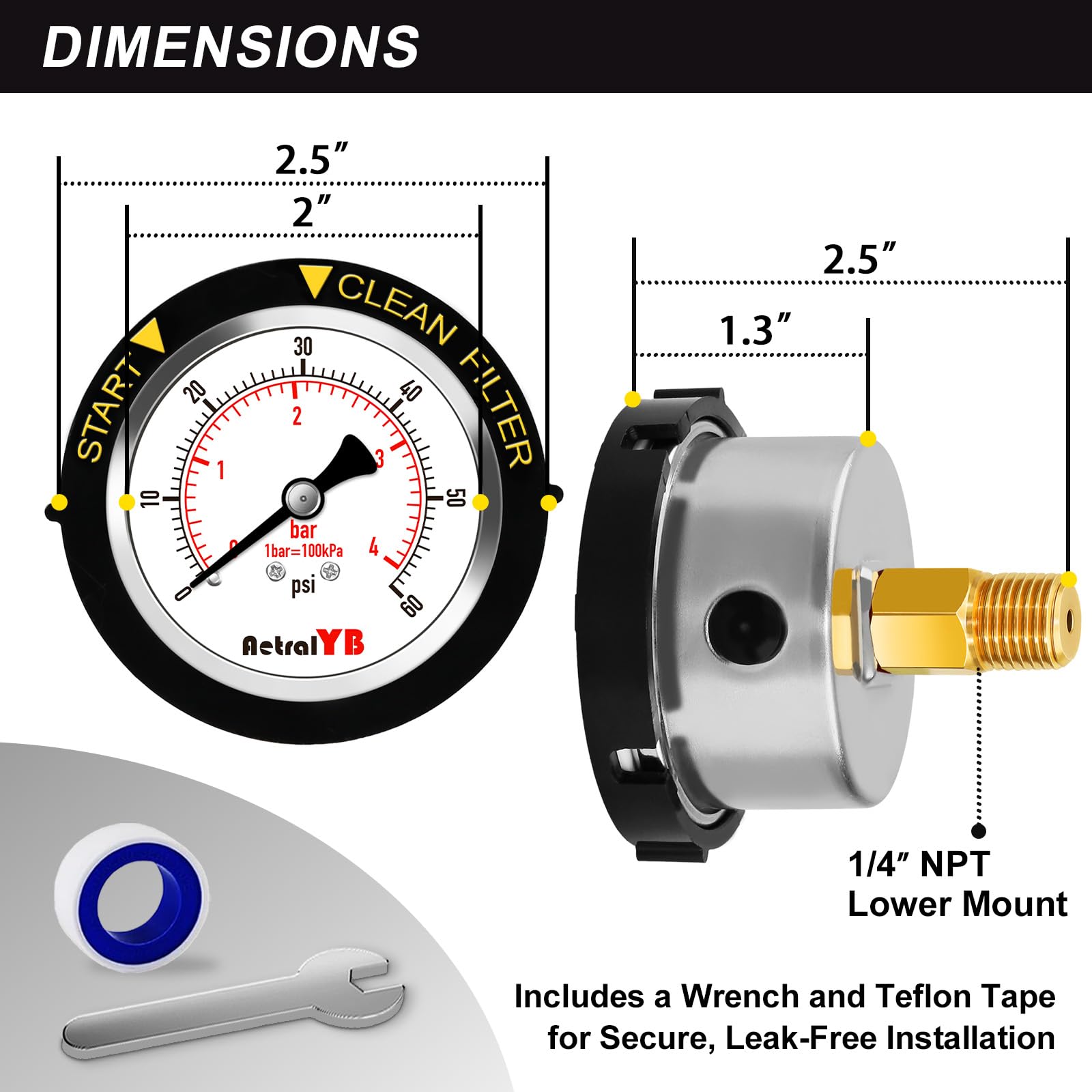 AetralYB Pool Filter Pressure Gauge IP67 waterproof feature