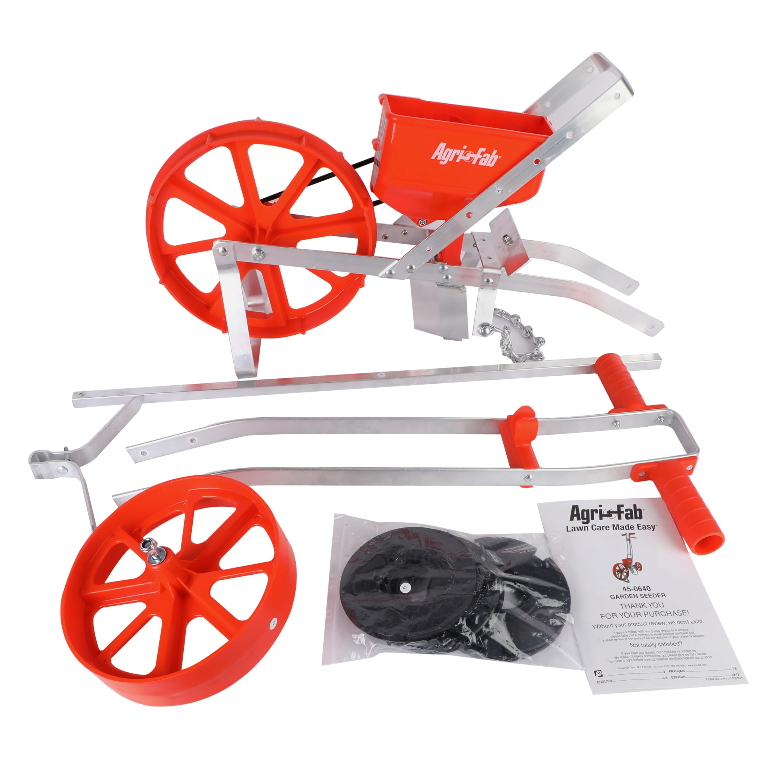 Agri-Fab Push Garden Seeder side view showing adjustable row marker