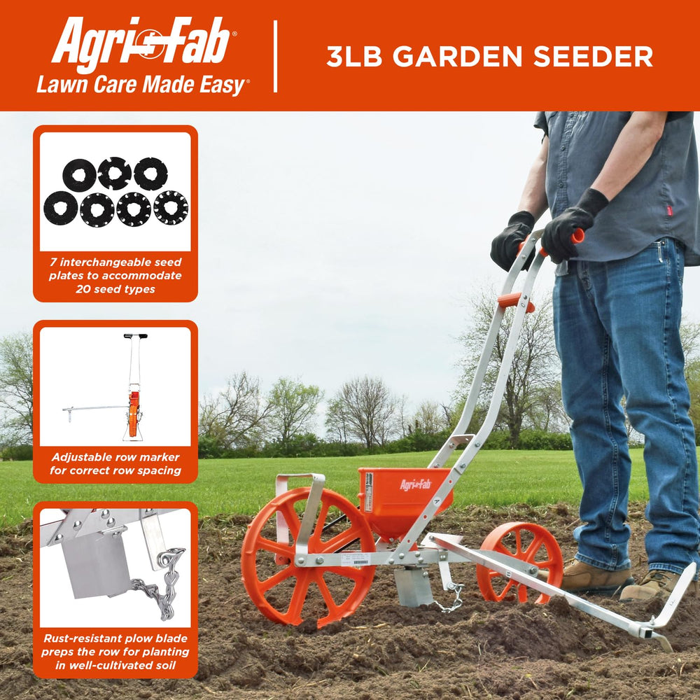 Agri-Fab Push Garden Seeder with packaging on display