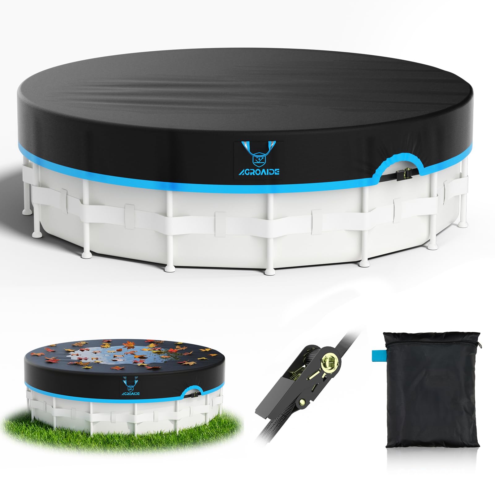 AGROAIDE 16 Foot Round Winter Pool Cover front view, black and blue