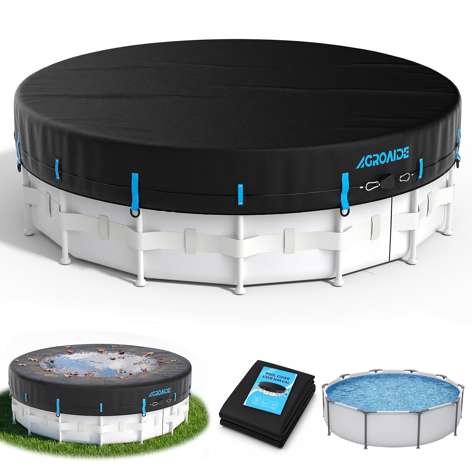 AGROAIDE 18ft Winter Pool Cover black and blue front view