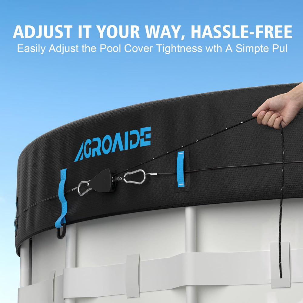AGROAIDE 18ft Winter Pool Cover secured on a round pool