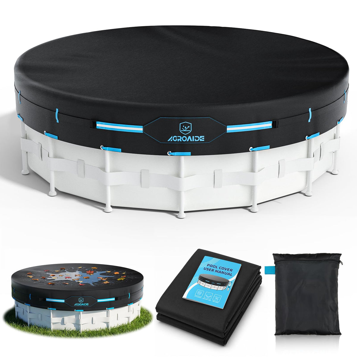AGROAIDE Winter Pool Cover 16 ft Round, black and blue front view