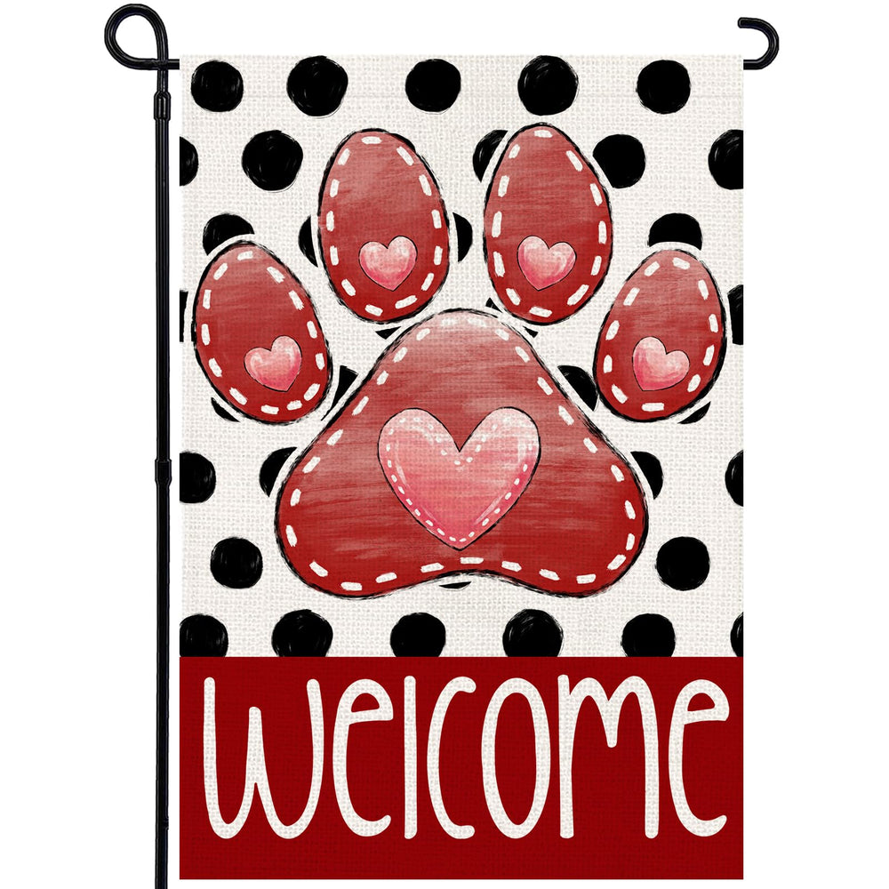 Agroon Valentines Garden Flag 12x18 inch with red paw print design