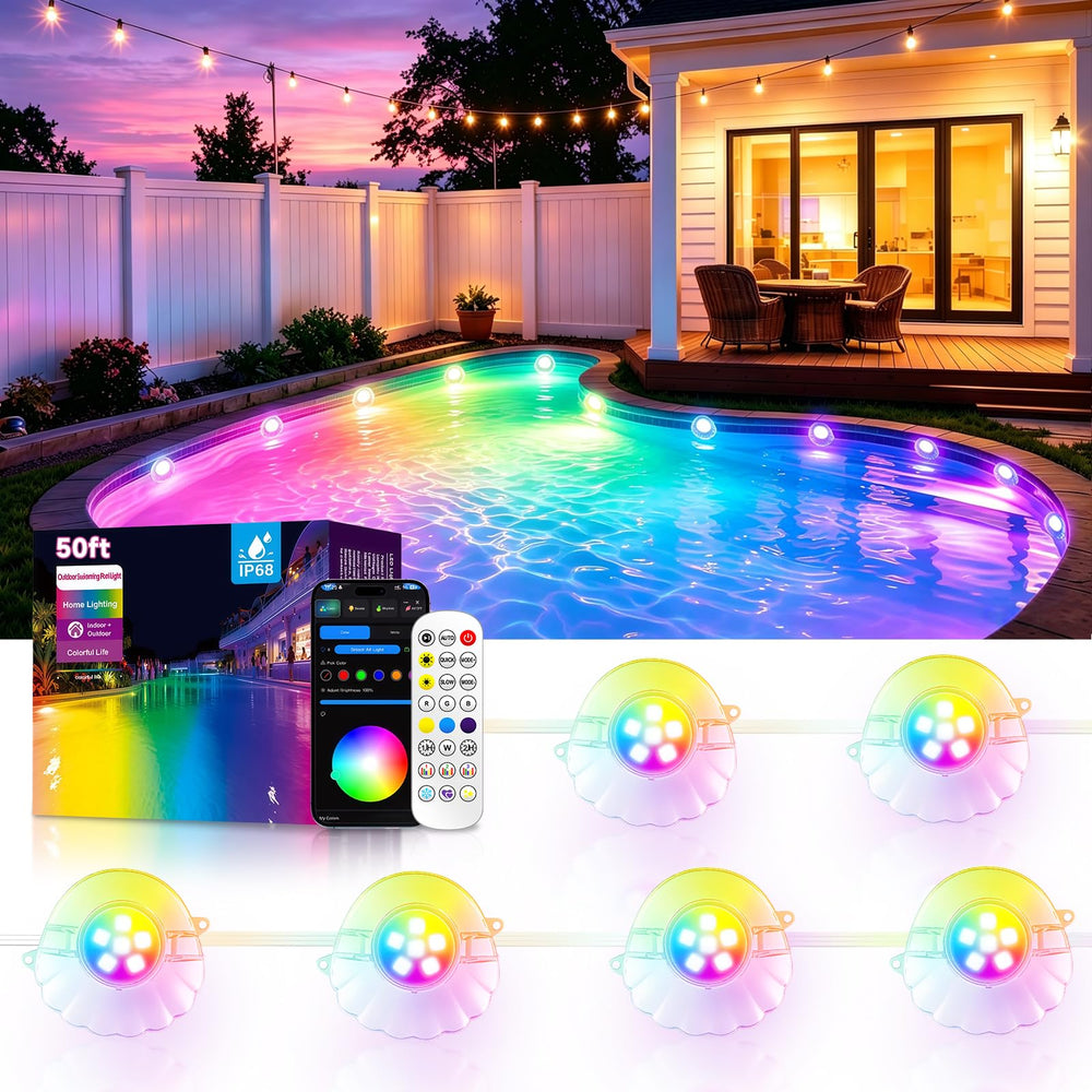 AHAWILL 50FT RGB Pool Lights with 8 shell-shaped LED lights
