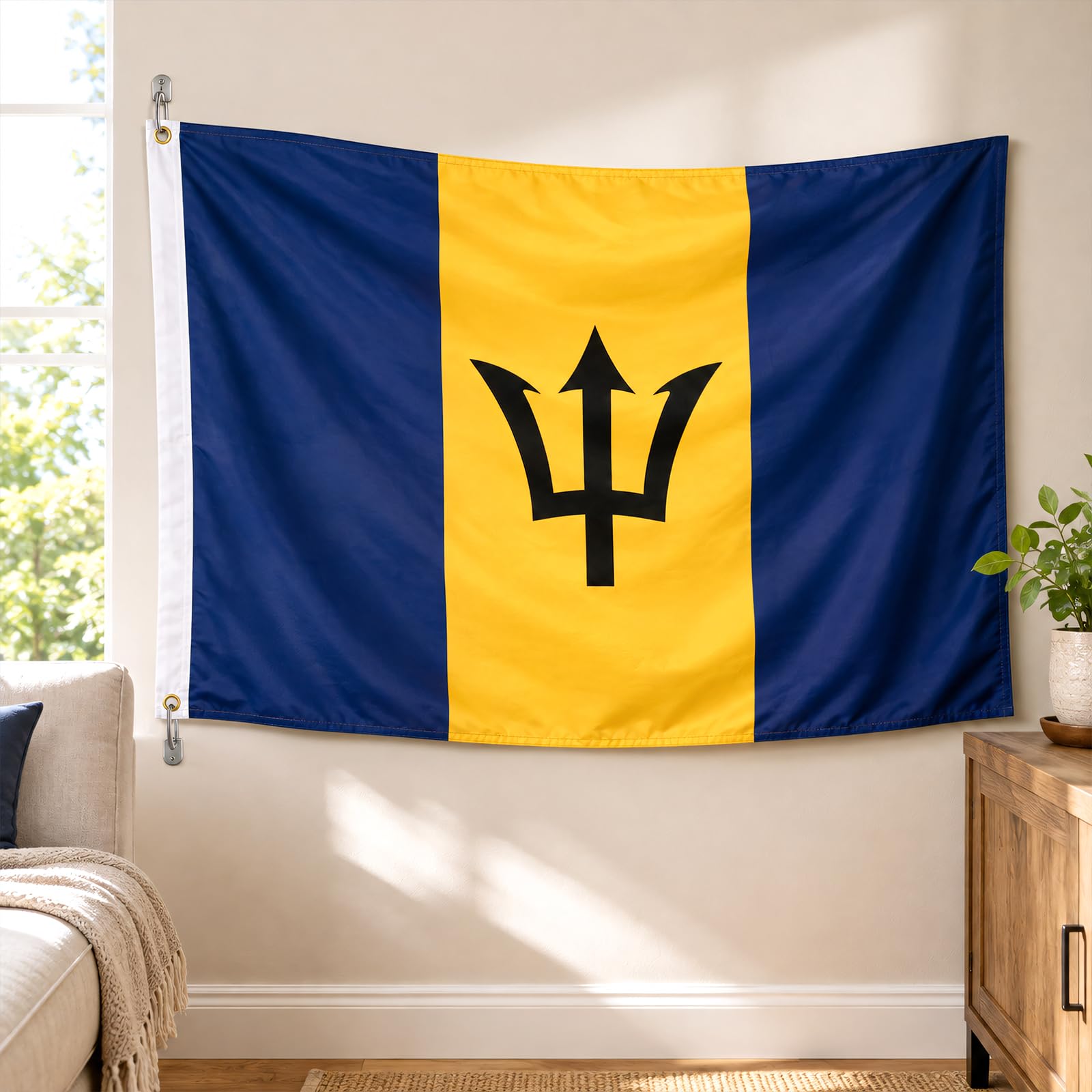 AhfuLife Barbados Flag hung on a wall