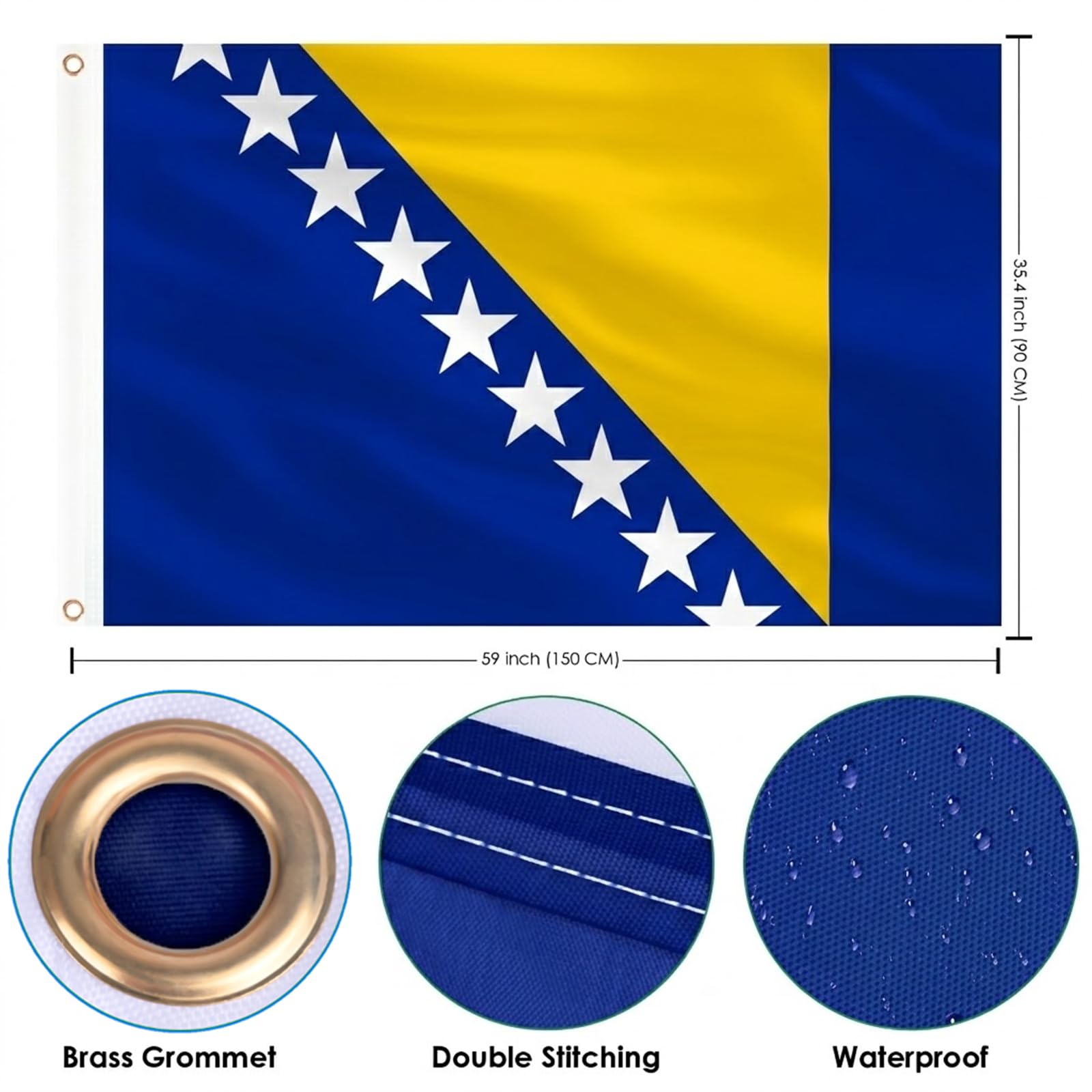 AhfuLife Bosnia and Herzegovina Flag with brass grommets close-up